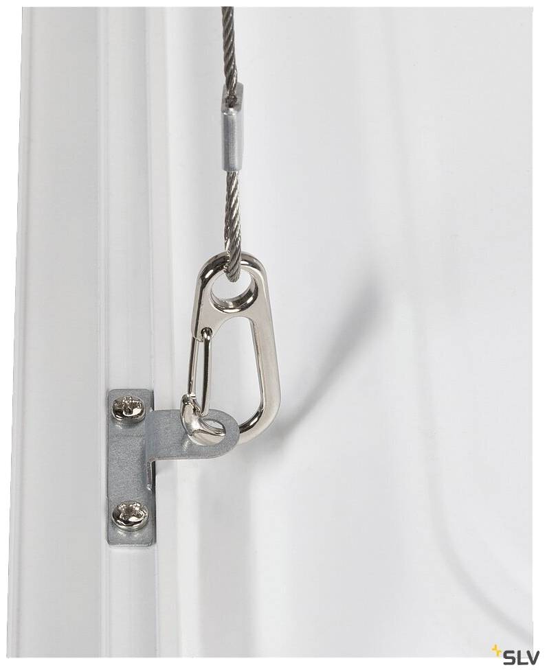 A steel cable with a carabiner hook is attached to a metal bracket mounted on a white surface.
