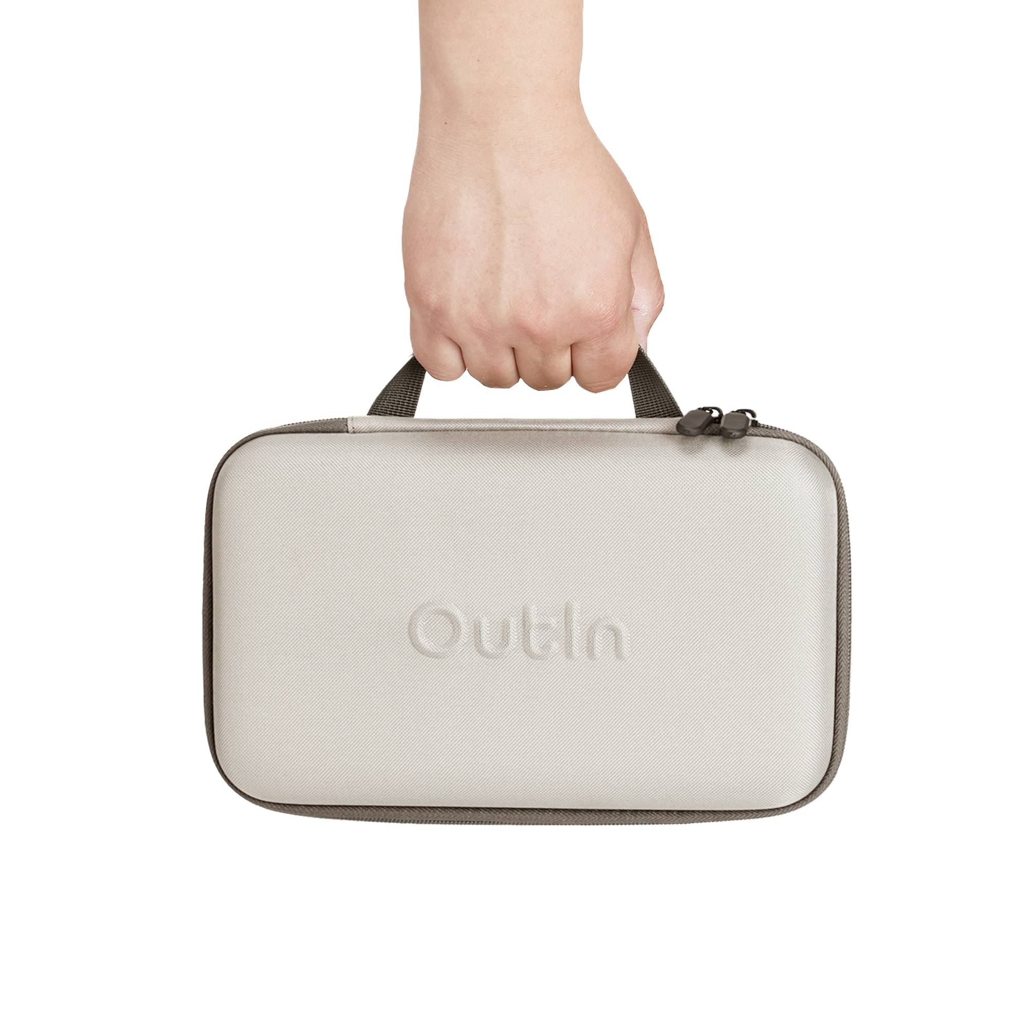 A hand is holding a beige bag with a zip, with the 'Oulin' lettering visible on the bag.