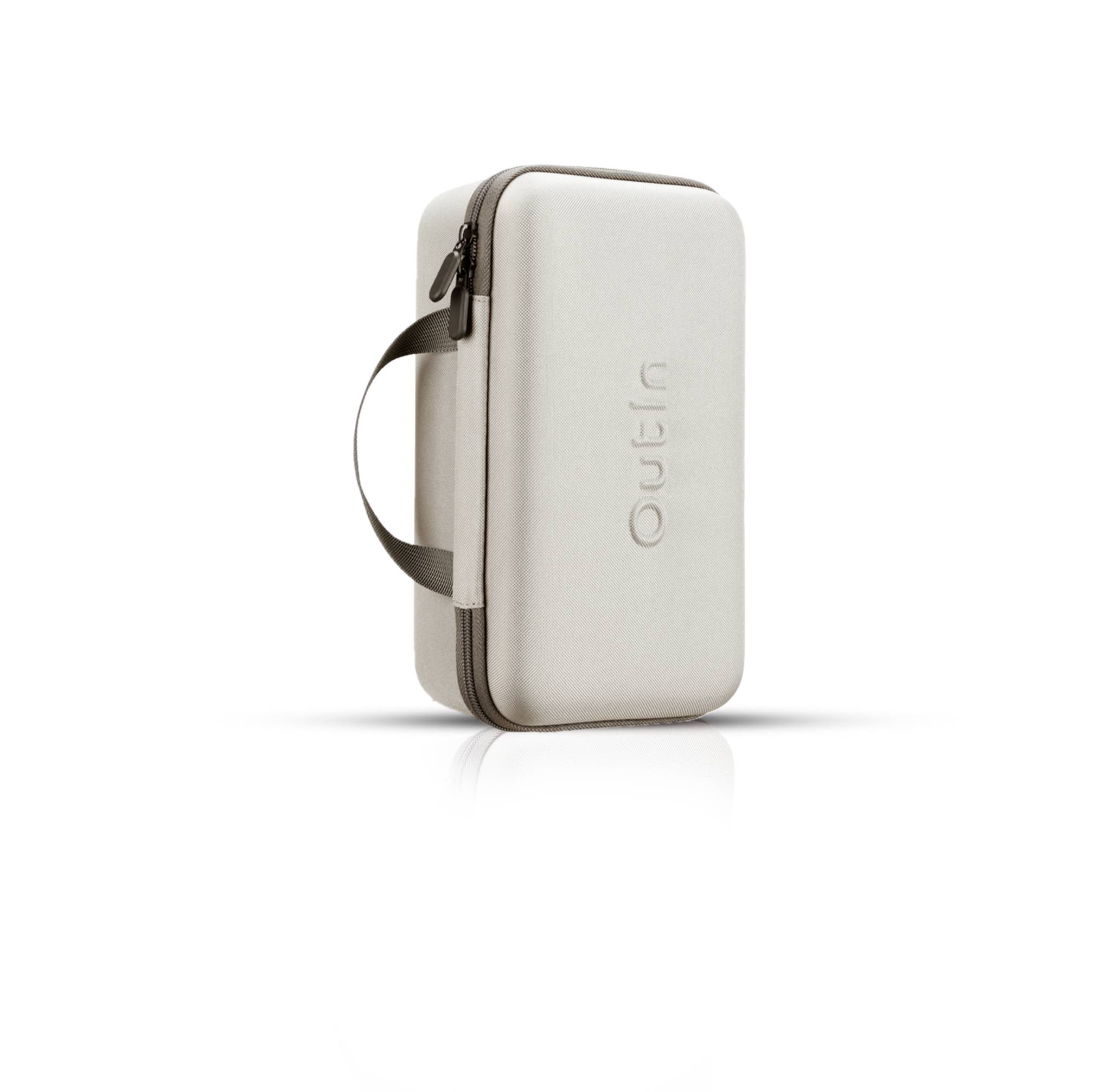 Small, rectangular, beige transport bag with a zip and carry handle, with the word 'urban' embossed on it.