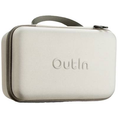 Beige travel bag with zip and carry handle, embossed with the word 'Outin'.