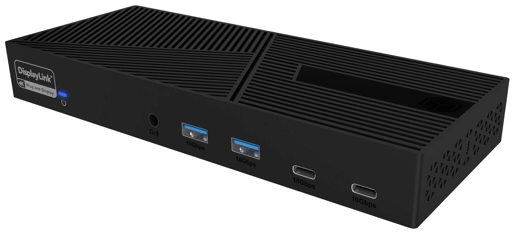A black USB docking station device with multiple ports, including USB-A and USB-C connections, suitable for computer connectivity.