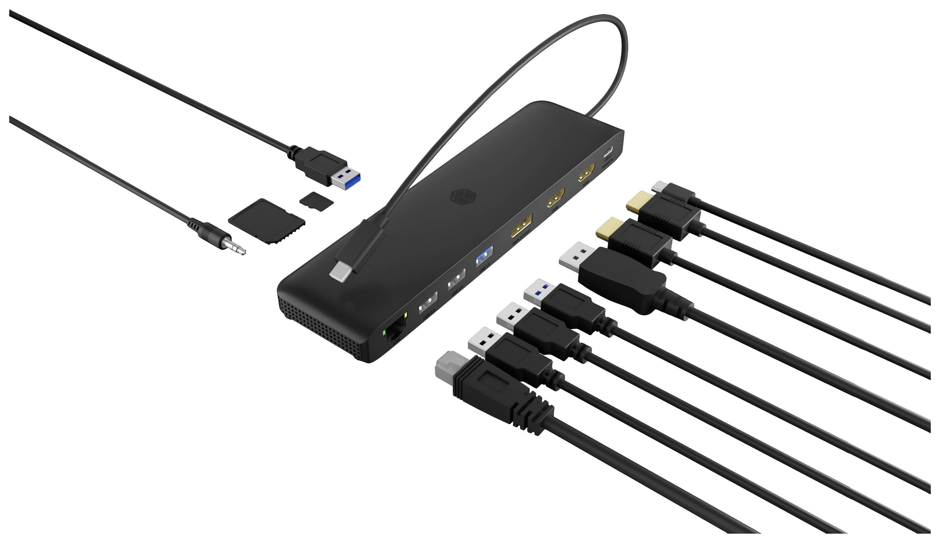 A variety of cables are connected to a black USB hub that supports different cable connections and memory cards.