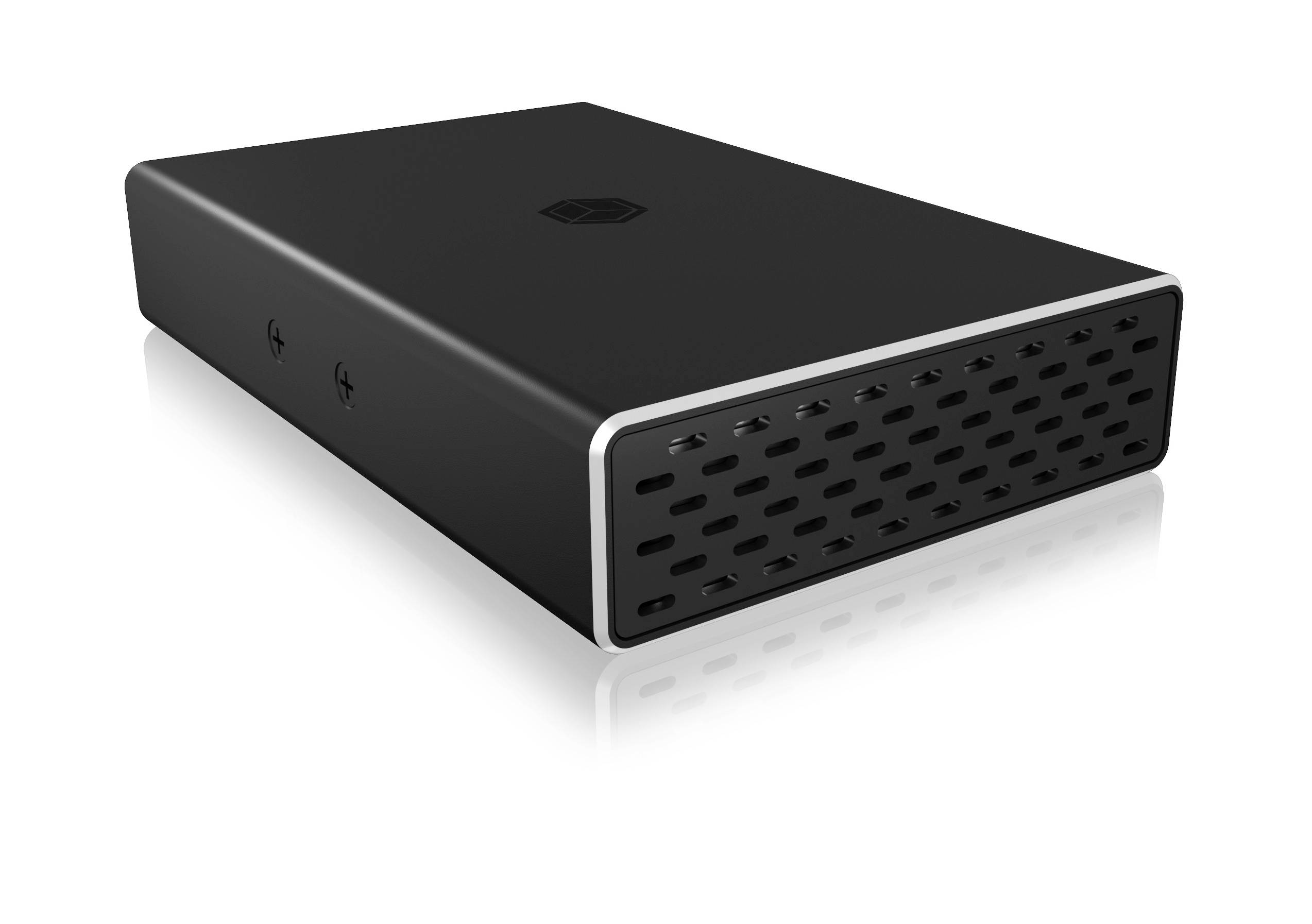 External hard drive with a black casing and ventilated front. Resting on a white surface with reflection.