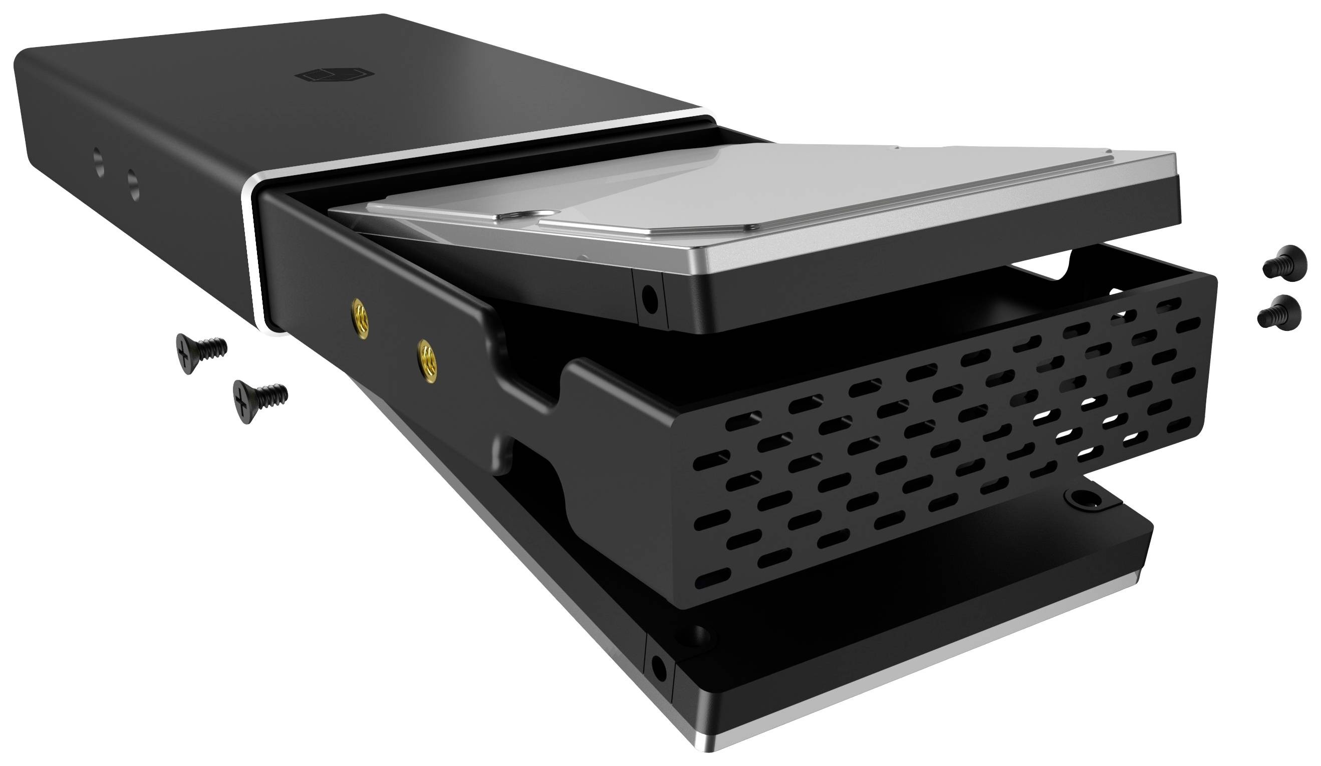 A screwed-together hard drive enclosure with a removable hard drive, surrounded by several screws, is shown.