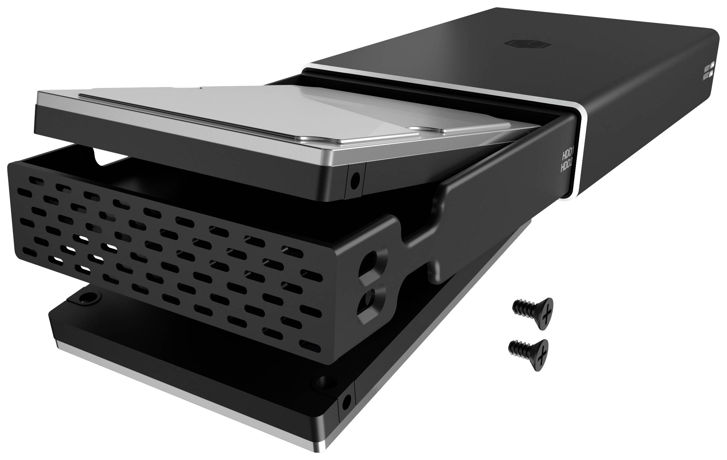 Hard drive enclosure with removable lid, shown open. Two screws are placed beside it. Ideal for cooling and protecting hard drives.