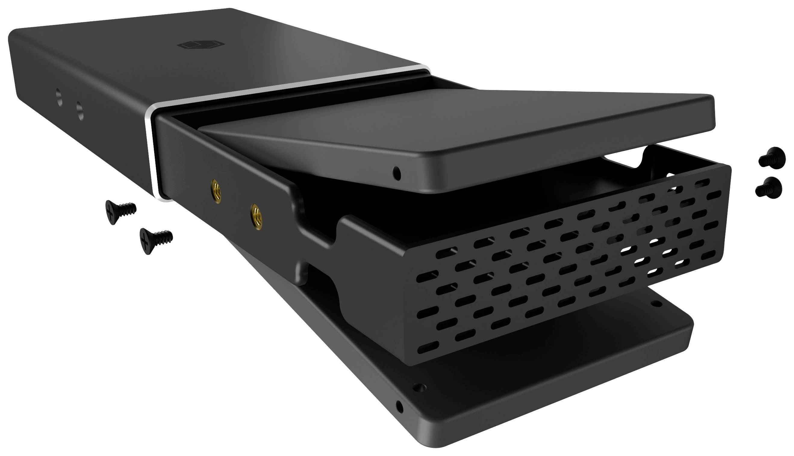 Black, rectangular enclosure with an open section, grid structure visible. Four mounting screws are placed beside it.
