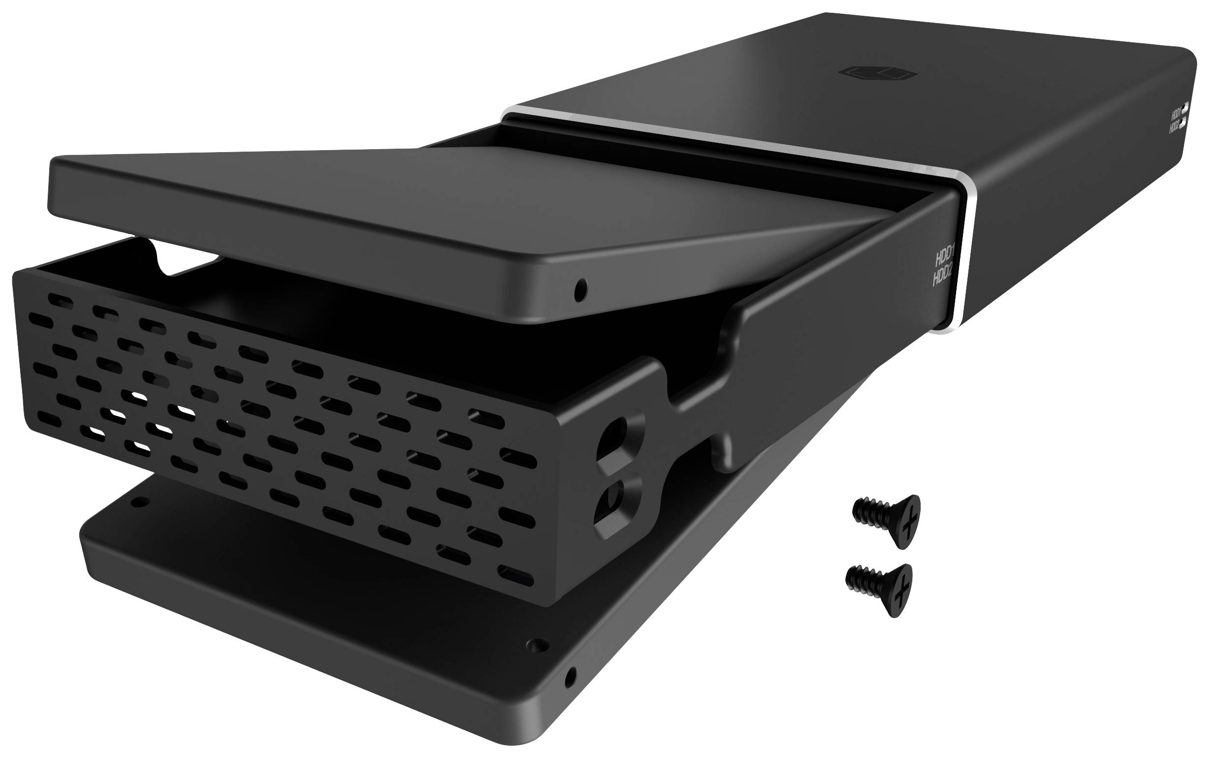 Black, rectangular mounting adapter with removable parts and ventilation slots. Two fastening screws beside it.
