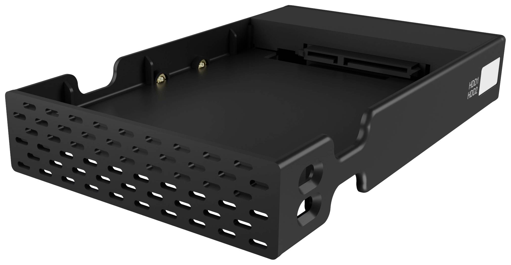 Black metal hard drive mounting bracket with ventilation slots, suitable for installation in a computer.
