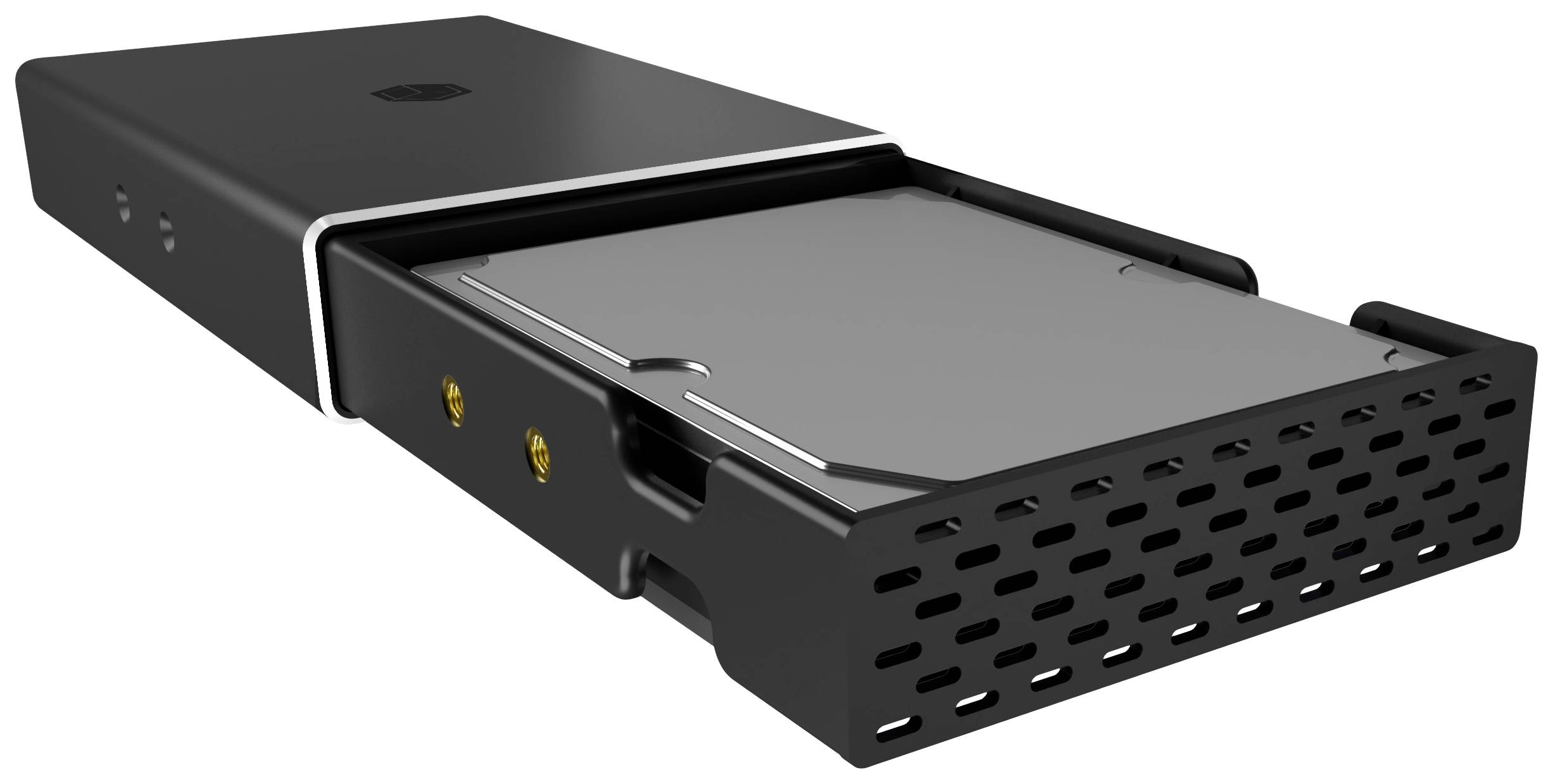 An external hard drive dock with a removable hard drive, black casing, ventilation slots at the front. Ideal for data storage.