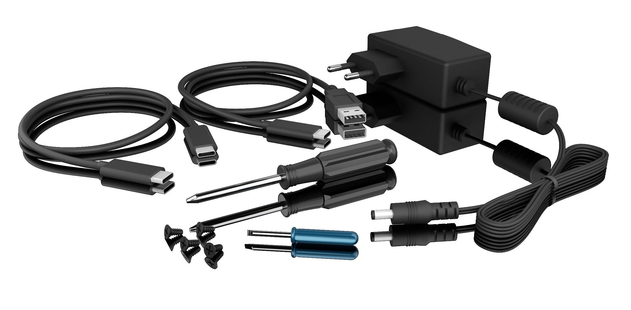Various electronic cables and tools, including a charger with power lead, USB cable, screwdriver and small screws.