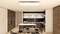 Modern kitchen with wooden and white cabinets, central dining table and chairs. Built-in appliances on the left wall. Bright lighting.