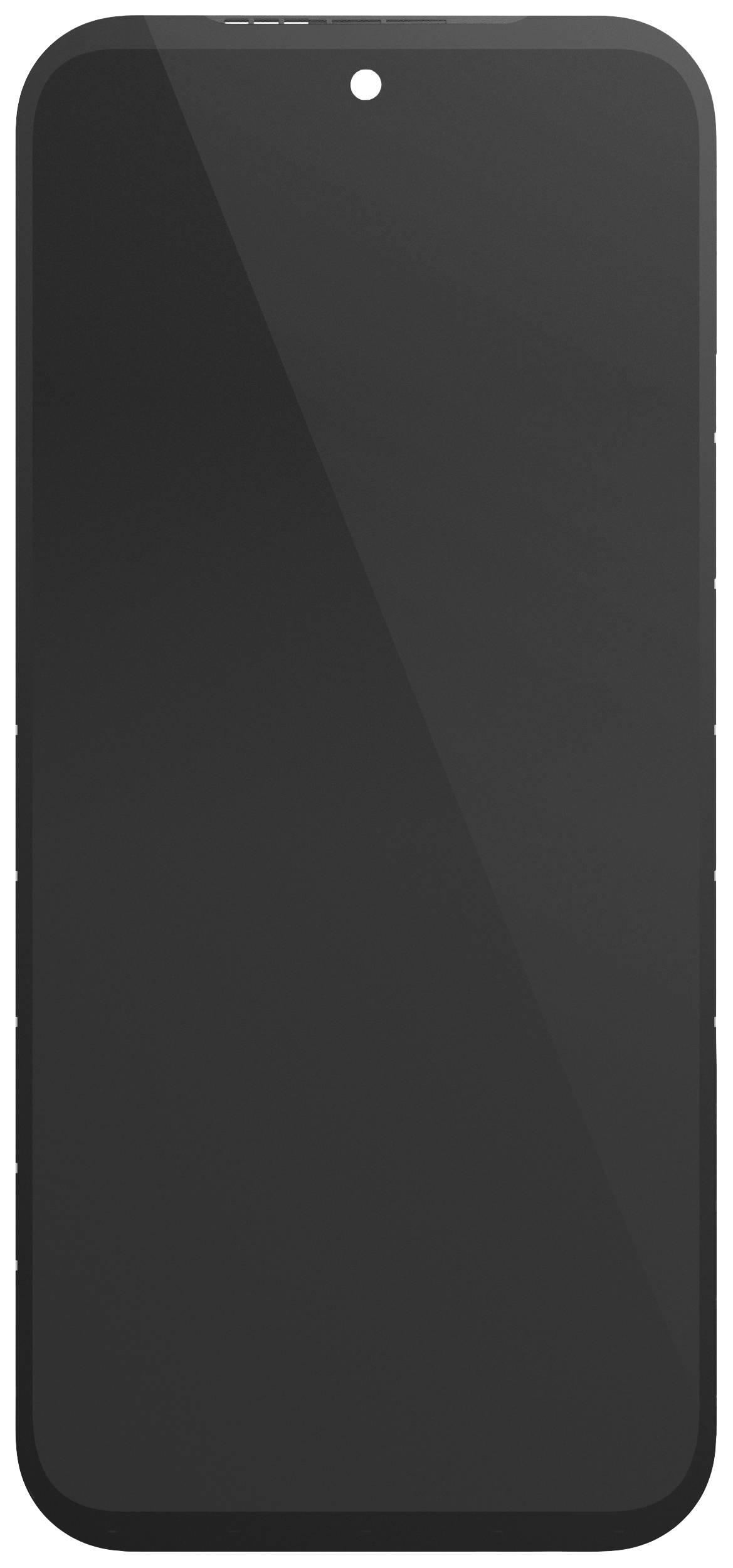 A modern smartphone with a black screen, no visible details or brand characteristics, focused on the device itself.