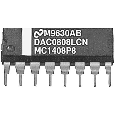 'IC chip with inscription: M9630AB, DAC0808LCN, MC1408P8. Black, rectangular component with multiple metal pins.'