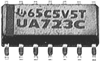 A microchip with the inscription '65CSV5T UA723C', likely a voltage regulator IC, with multiple connection pins.