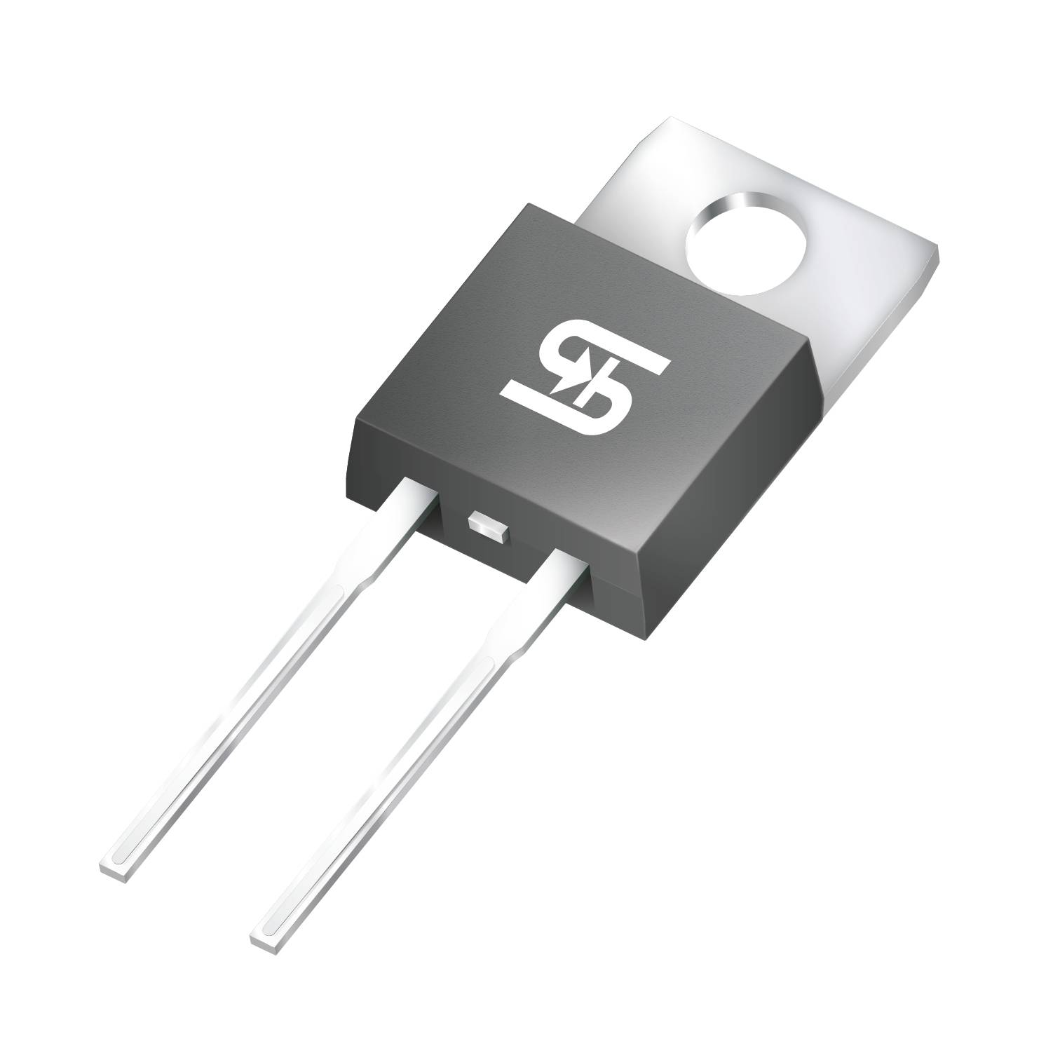 A black electronic semiconductor with two metal legs, commonly used in circuits.