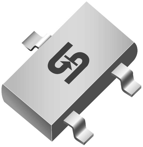 A grey, rectangular electronic component with three connection legs and a stylised logo on the top surface.