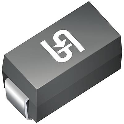 A black diode body with silver connections and a white symbol on its top surface. The diode is used in electronic circuits.