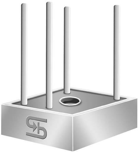 Metallic, rectangular block with four vertical rods and a hole in the centre, with an engraved symbol on the side.