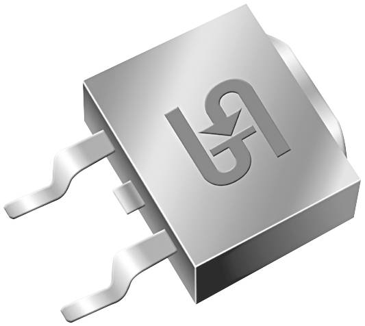 A rectangular electronic component made of metal with two curved terminals and a symbol on its surface.