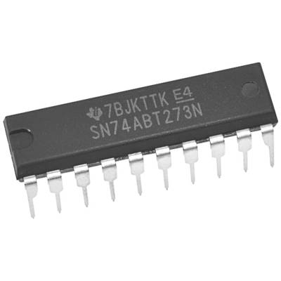 Black integrated circuit with the inscription '7BJKTTK E4 SN74ABT273N', shows a side view with multiple metal pins.