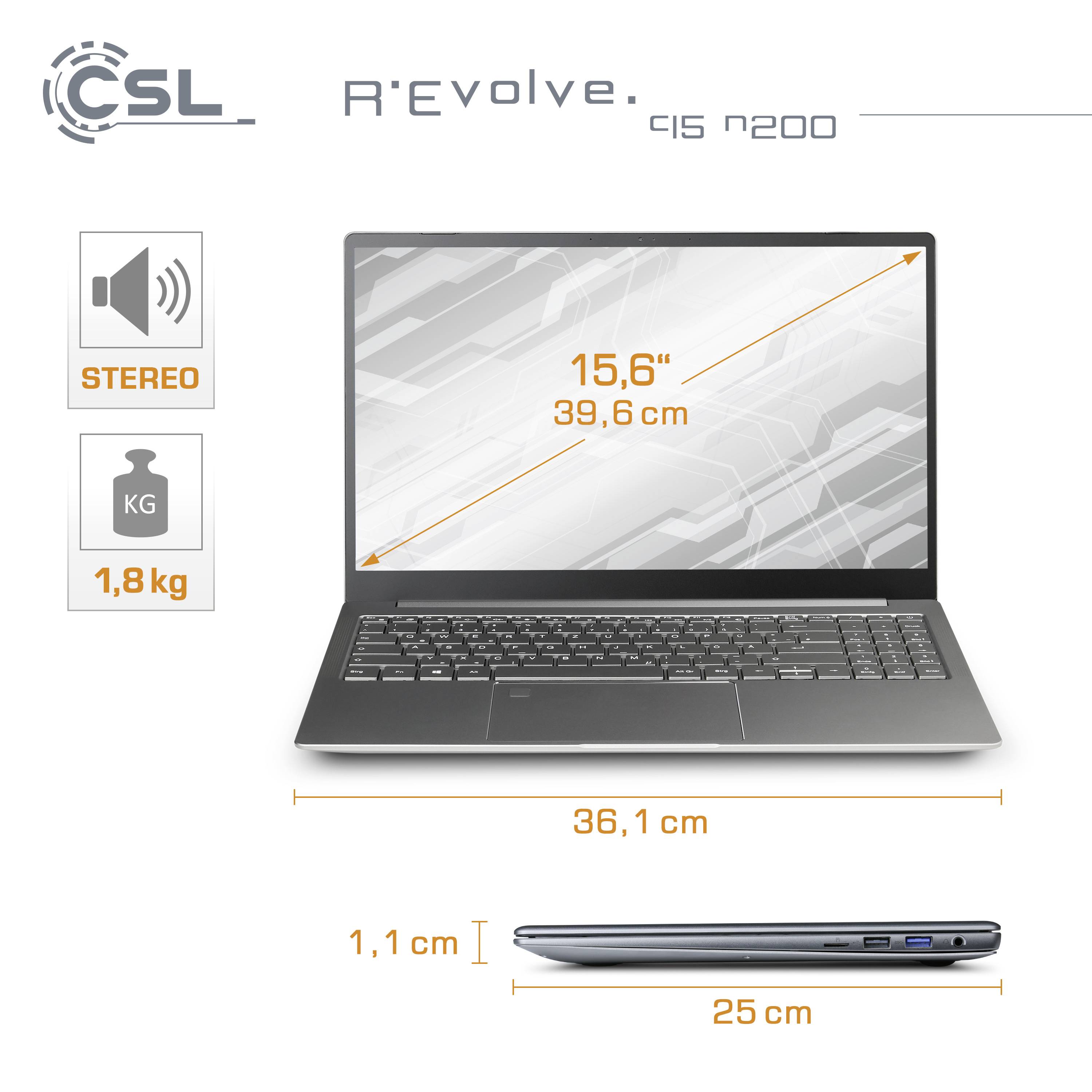 A laptop with a 15.6-inch screen and a weight of 1.8 kg. Manufacturer 'CSL'. Product name 'R'Evolve Q15 7200'. Dimensions: 36.1 cm width, 25 cm depth.
