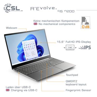 Laptop with 15.6-inch Full HD IPS display. On screen: Windows home page. Features: webcam, touchpad, USB-C charging, fingerprint sensor. No mechanical components.