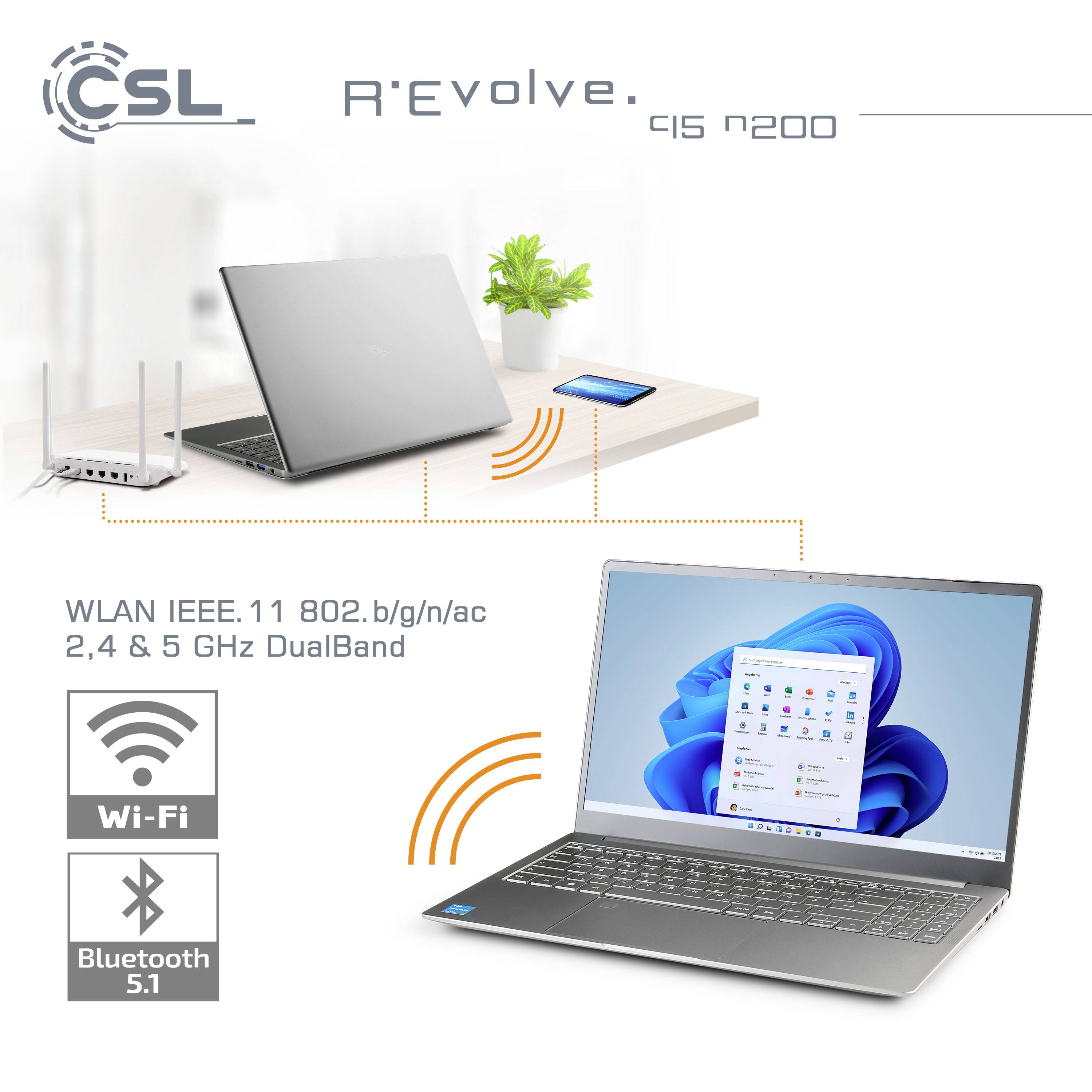 Laptop on a table next to a router and smartphone. Text: 'R'Evolve Q5 7200', 'Wi-Fi IEEE 802.11 b/g/n/ac 2.4 & 5 GHz Dual Band', 'Bluetooth 5.1'.