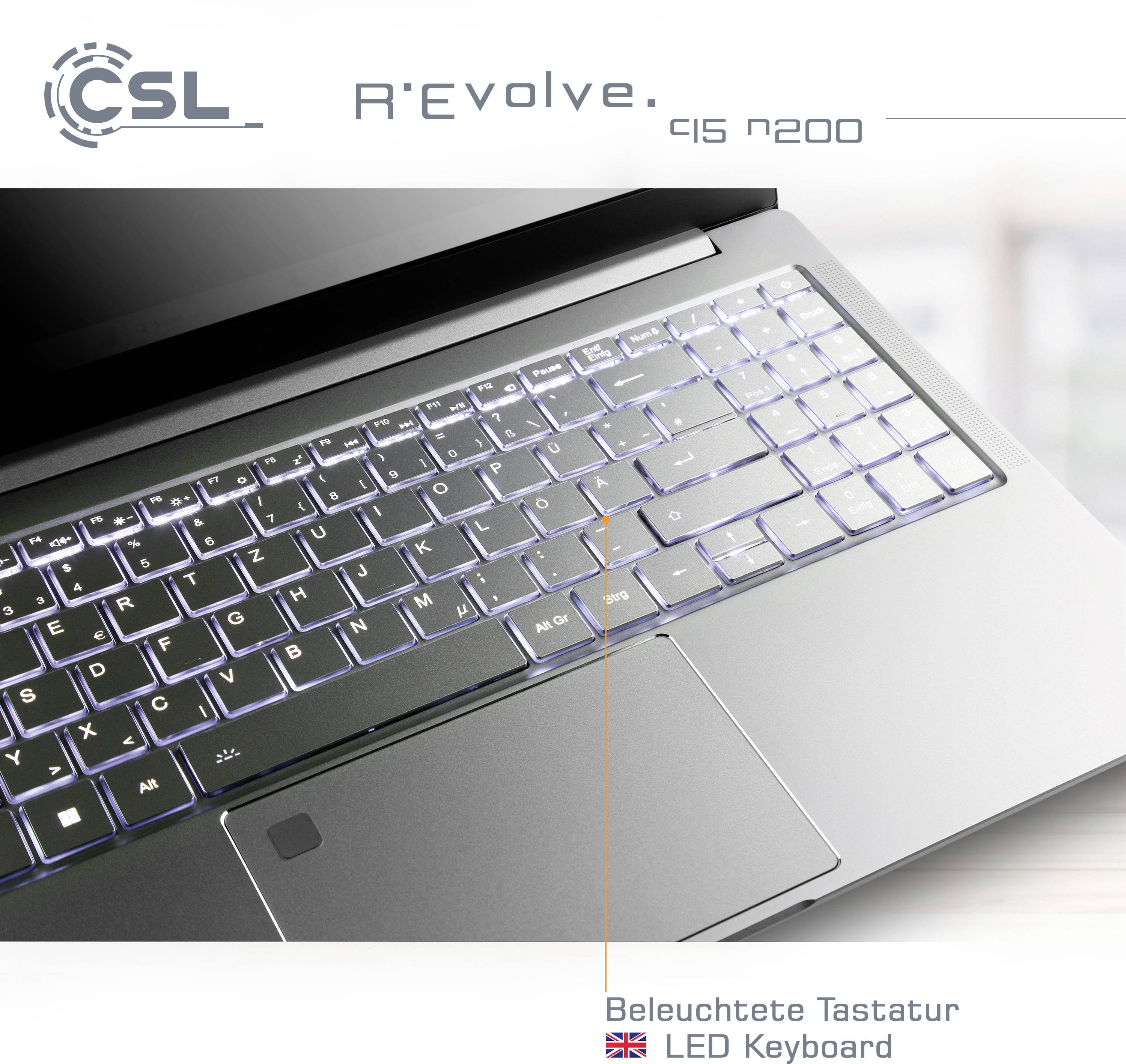 Laptop with illuminated keyboard, model 'R'Evolve QS 1200', by CSL. Key feature highlighted: LED-backlit keyboard.