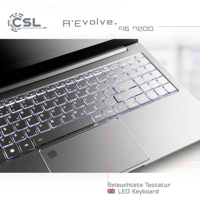 Laptop with illuminated keyboard, model 'R'Evolve QS 1200', by CSL. Key feature highlighted: LED-backlit keyboard.