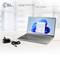 A silver laptop on a table with a power adapter beside it. The screen displays a blue and white user interface.