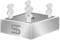 Silver, square base with four chess pieces on top. Each piece features a unique, abstract design.