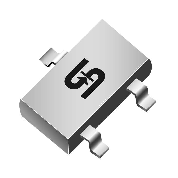 An electronic component with three metal contacts and a logo on the surface. It is small and rectangular in shape.