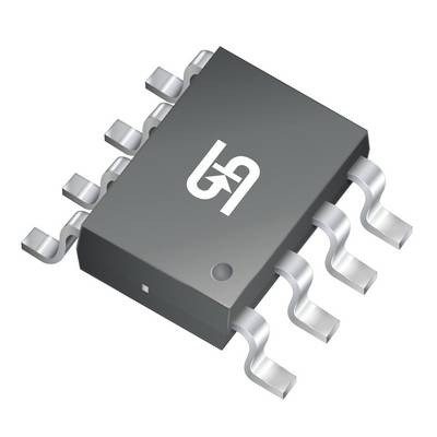A black microchip with six small legs at its sides and white lettering on its top surface.