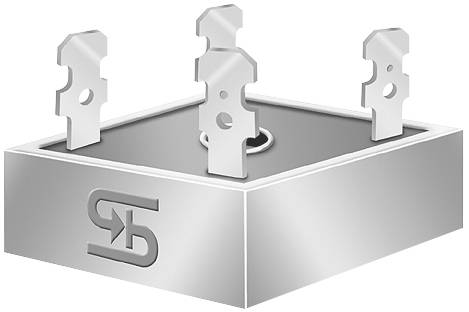 A square metal box with four stylised handles. On the side is a stylised 'R'.