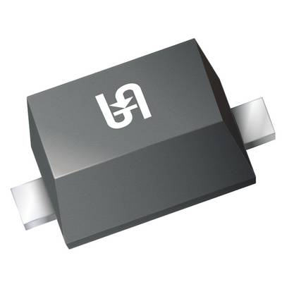 An electronic component in the form of a black rectangle with two connection contacts and a white symbol on it.