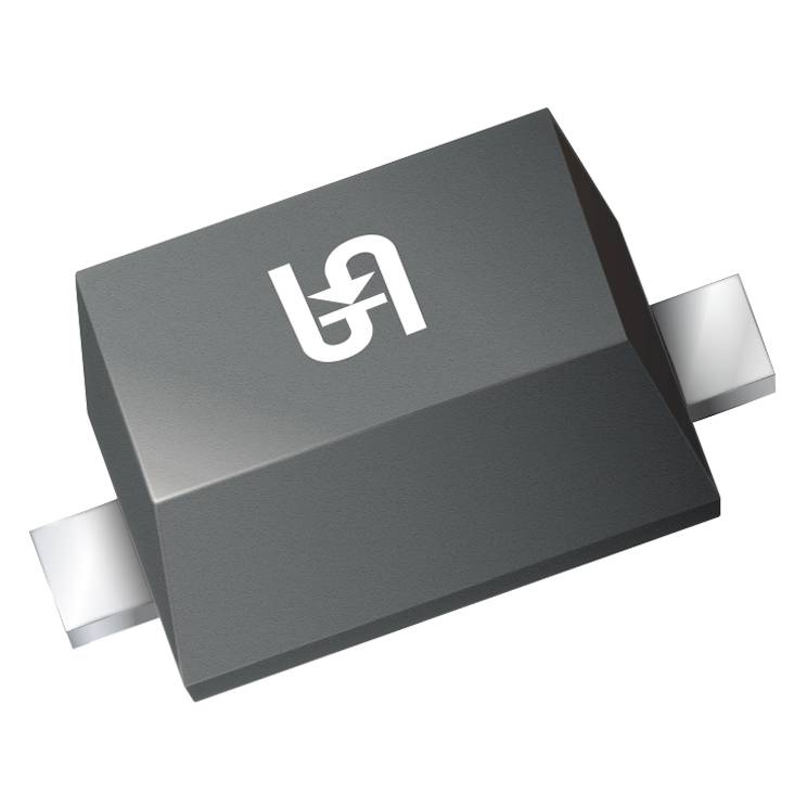 Electronic component, rectangular in shape, with two metal terminals on the sides and a white logo on the top surface.