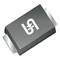 A black, rectangular electronic component with metal connectors at both ends and a white logo in the centre.