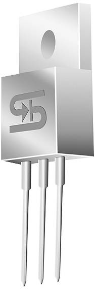 A silver, rectangular semiconductor chip with three long connecting wires at the bottom. A circular opening is visible on the top.