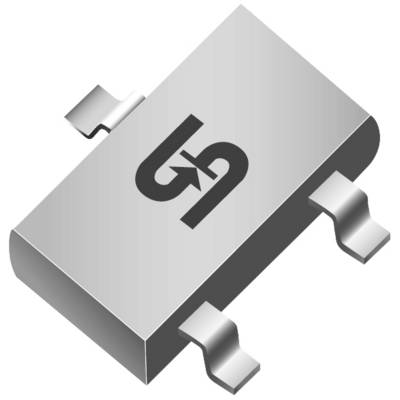 A rectangular, silver-coloured electronic component with three terminals and a black symbol on its top surface.