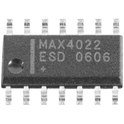 An integrated circuit marked 'MAX4022 ESD 0606', showing a rectangular, black component with metallic connections.