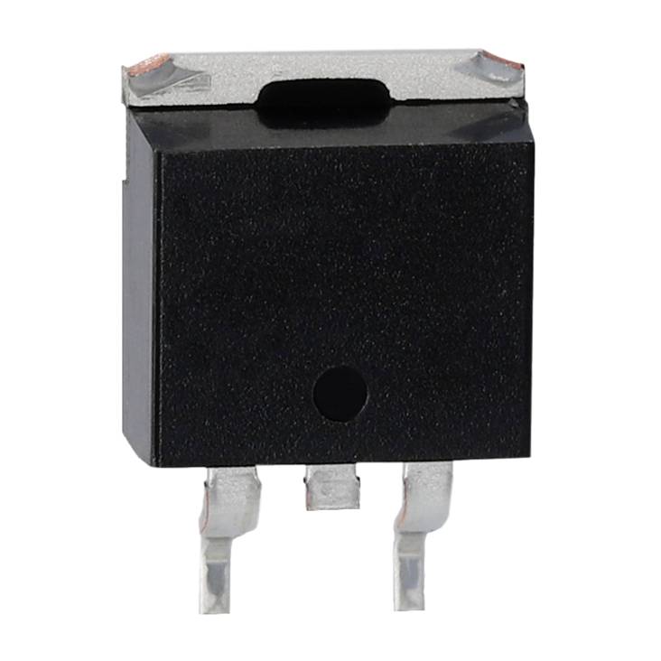 A black, rectangular electronic component with two silver connections, likely designed for mounting on a printed circuit board.