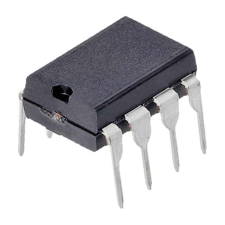 A black integrated circuit socket with eight metallic connection legs, angled on one side for mounting on a circuit board.