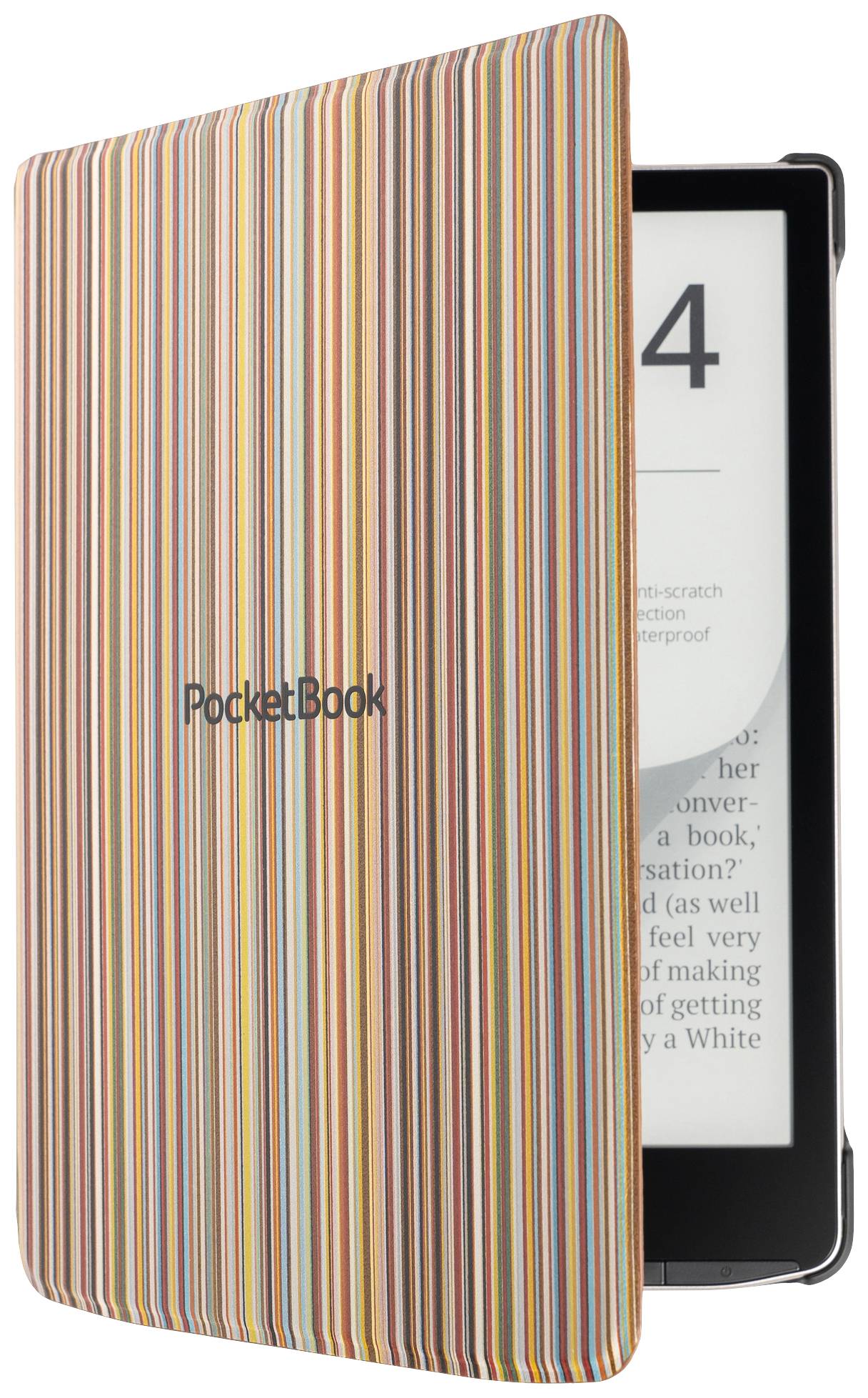An e-reader with a colourful striped cover, partially open, displays text on the screen.