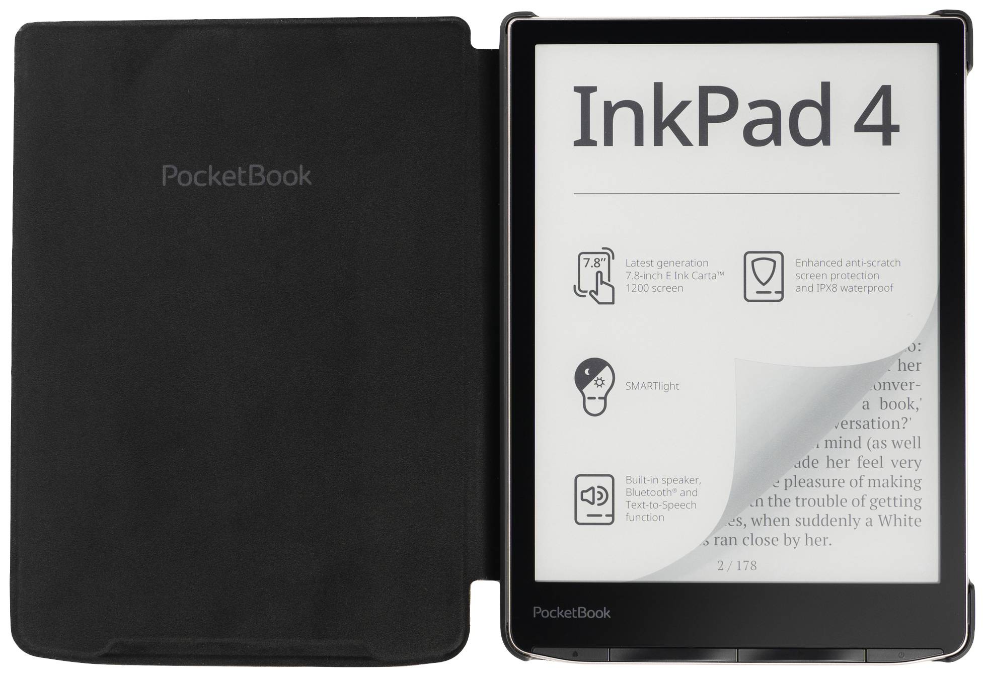 An e-reader with an open protective cover displays a page with text and symbols. On the display it reads 'InkPad 4'.