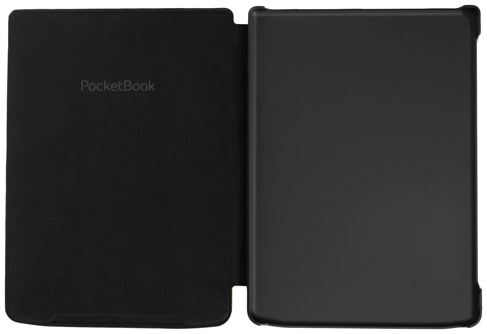 Black protective cover for a PocketBook, with a hard back and soft interior, opened and empty.