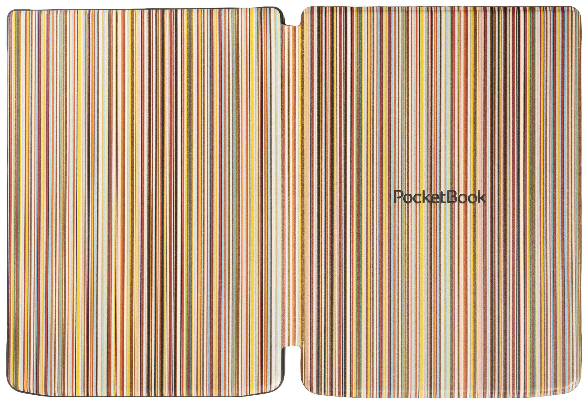 A stylised, striped cover of a PocketBook e-book reader in warm, vibrant colour tones.
