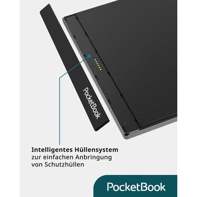 A smart cover system from PocketBook with easy attachment, shown on a device, emphasised by a descriptive arrow.