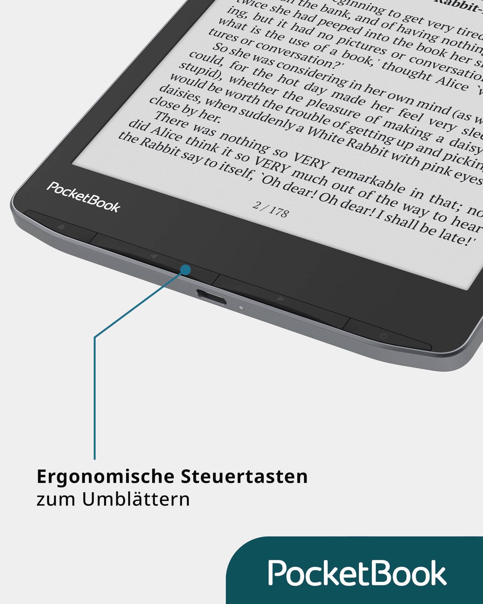 An e-book reader with ergonomic control buttons for page-turning is shown. The brand name 'PocketBook' is visible. Text on the display is not readable.