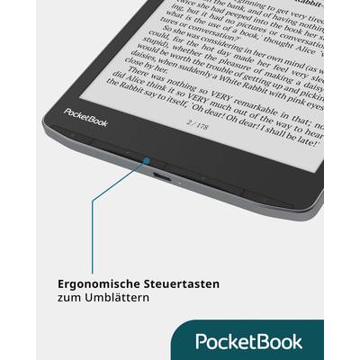 An e-book reader with ergonomic control buttons for page-turning is shown. The brand name 'PocketBook' is visible. Text on the display is not readable.