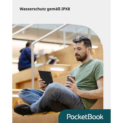 A man sits on steps, reading on an e-reader and holding a coffee cup. Text at the top: 'Water protection according to IPX8'.
